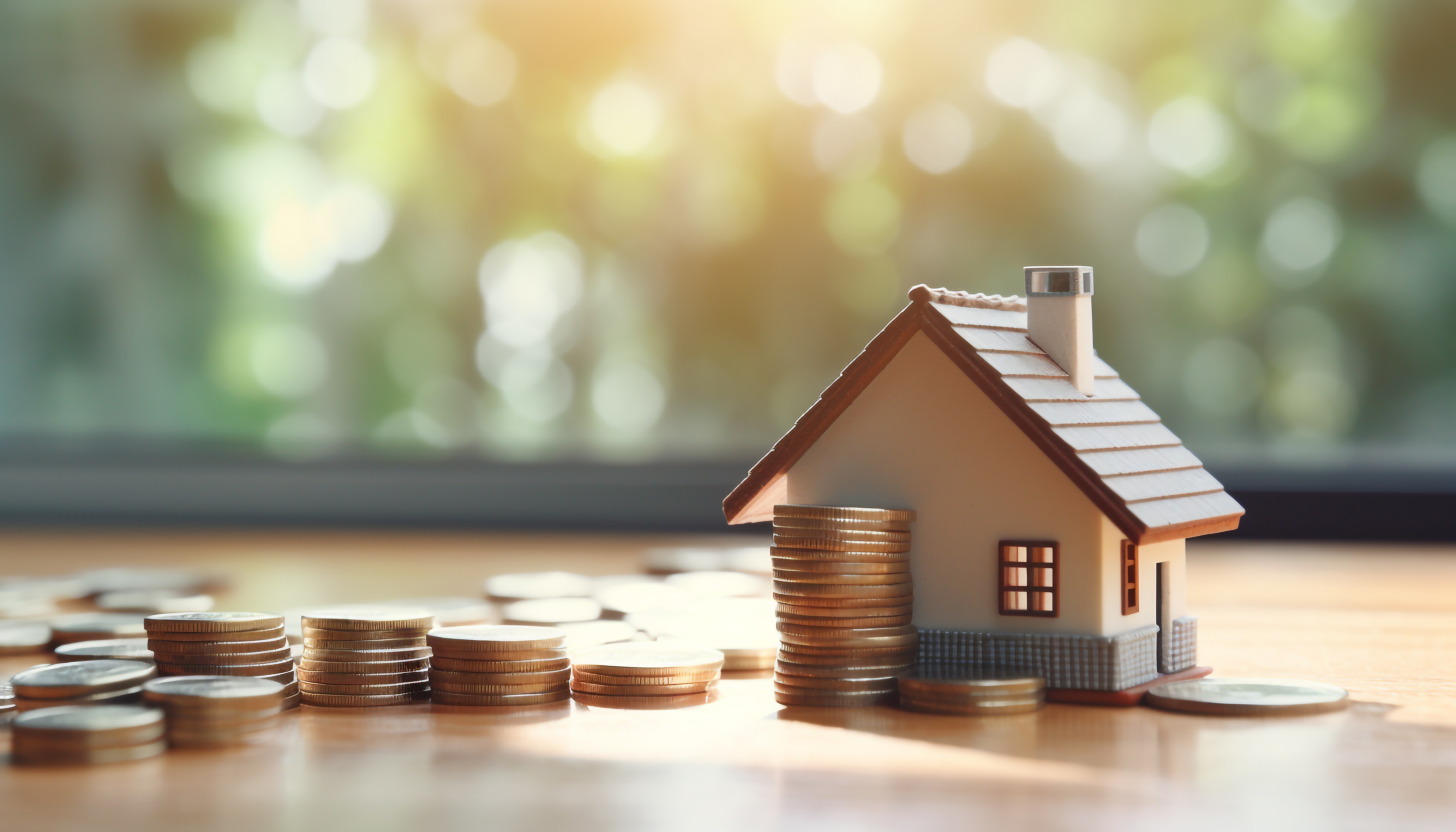 전세보증금 대출 개념을 상징하는 미니 주택과 쌓여 있는 동전 이미지