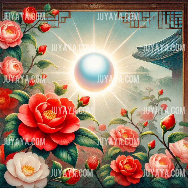 전통 한국 정원에서 붉은 동백꽃과 함께 빛나는 진주&amp;#44; 자연의 아름다움과 조화를 강조한 평화로운 장면