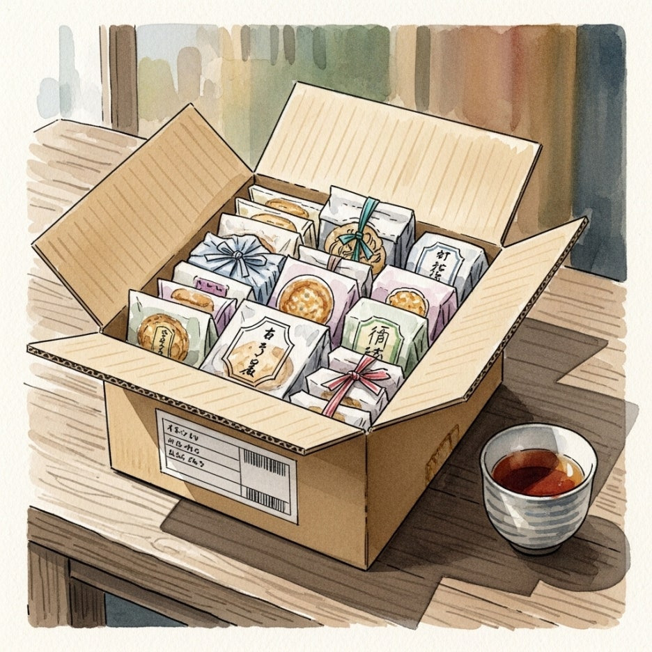 정성스럽게 포장되어 배송을 기다리는 과자 상자