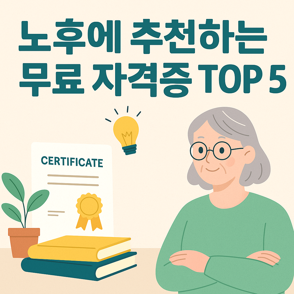 노후에 추천하는 무료 자격증 TOP 5를 소개하는 한국어 인포그래픽 썸네일 이미지. 중장년층을 위한 자격증 정보를 강조한 디자인