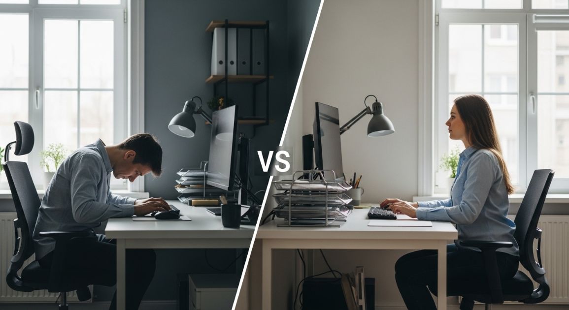 잘못된 책상 자세와 올바른 데스크 세팅을 비교한 이미지