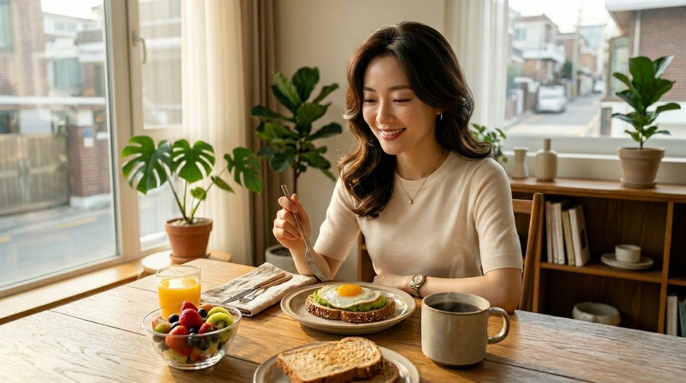 건강한 아침 식사를 하는 현대인