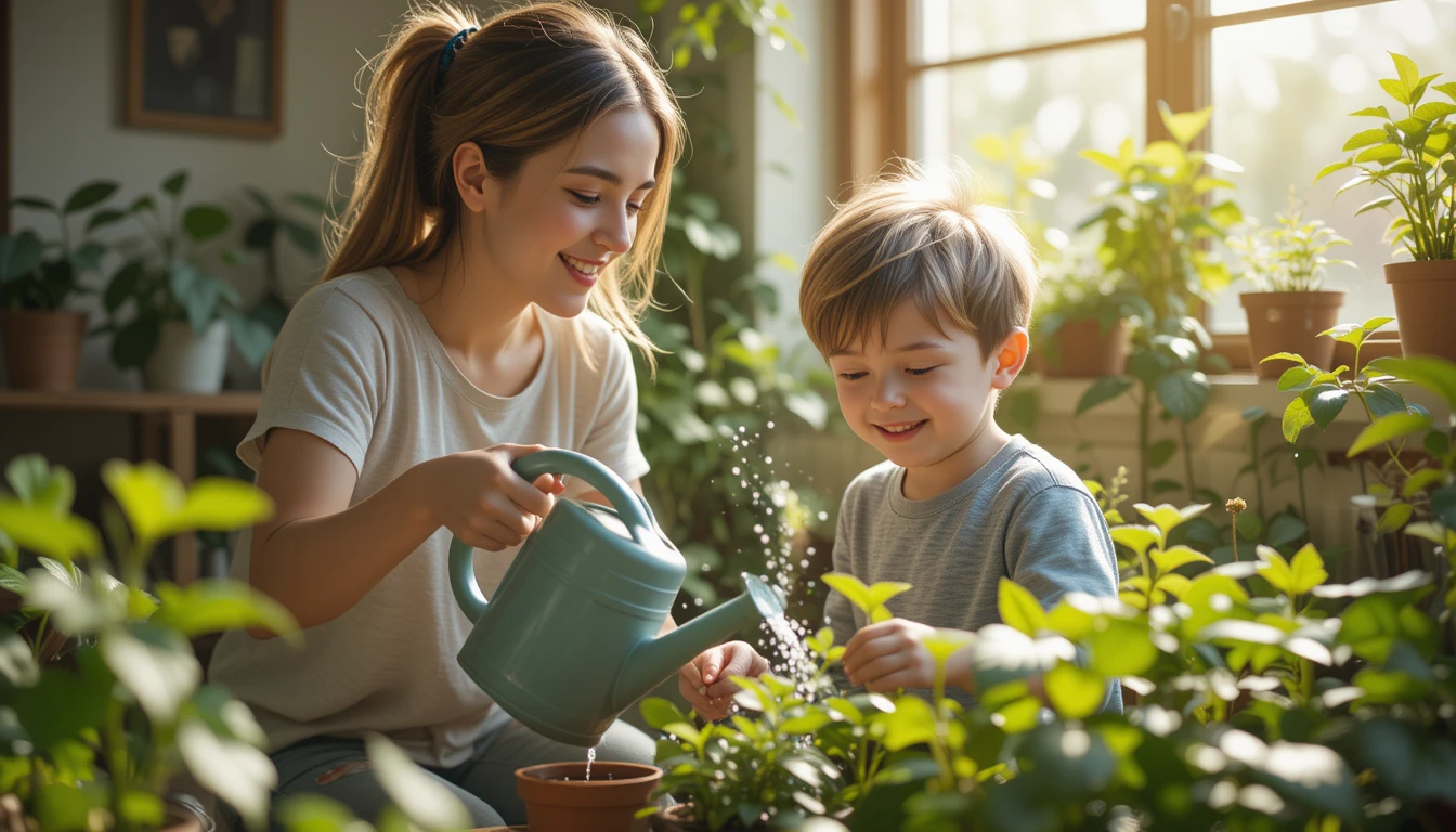 엄마와 아이가 함께 식물을 키우는 모습