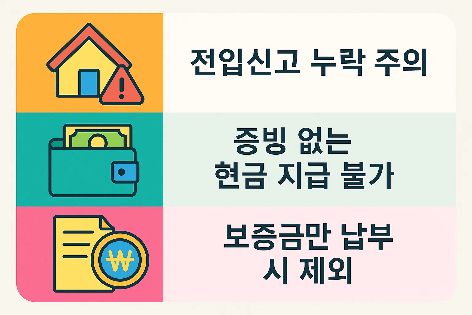 전입신고 누락 주의, 증빙 없는 현금 지급 불가, 보증금만 납부 시 제외 등 월세 환급제도 신청 시 반드시 알아야 할 유의사항을 정리한 인포그래픽