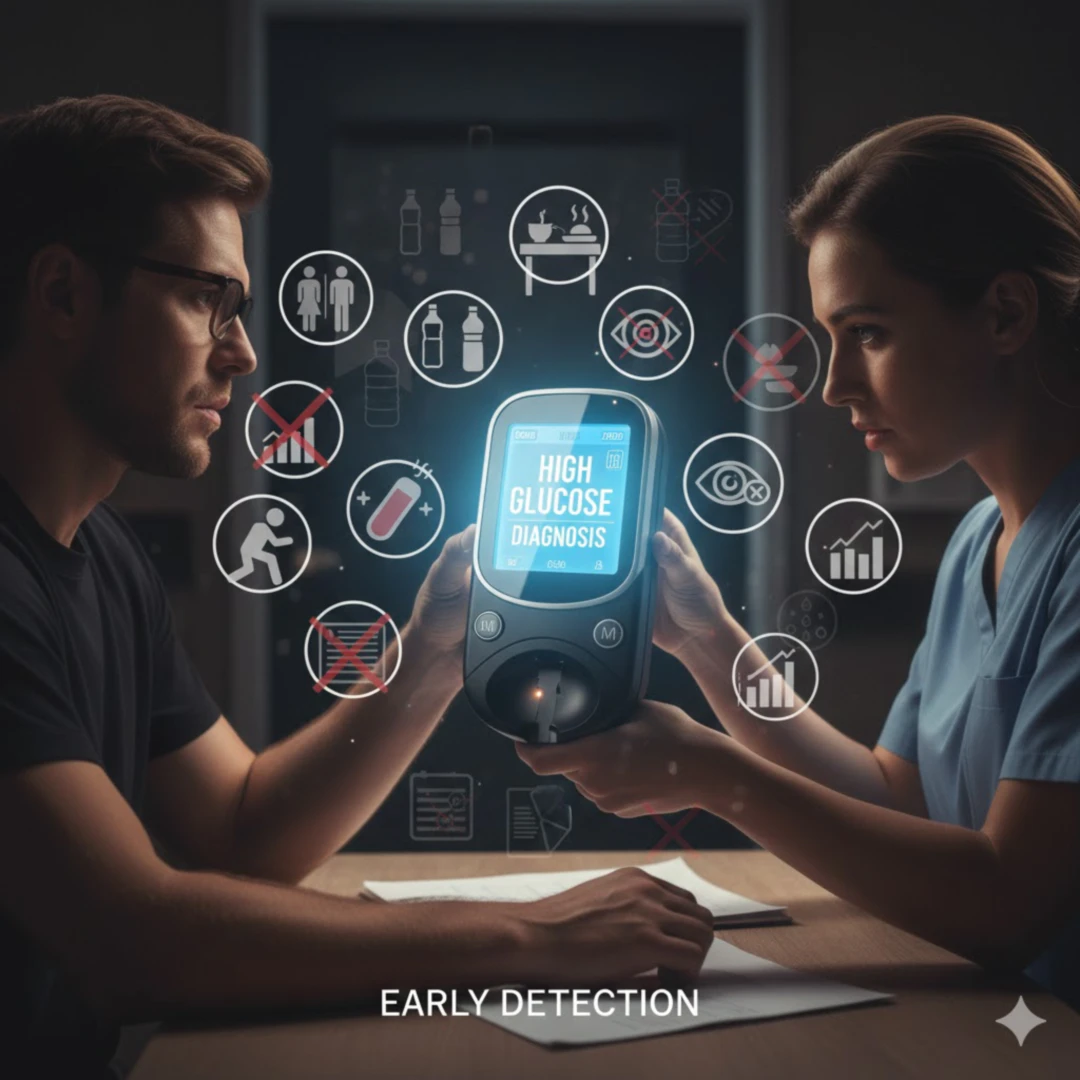 여러 초기 증상 아이콘들이 혼재된 배경 속에서&amp;#44; 혈당 측정기가 밝게 빛나며 &amp;#39;진단&amp;#39; 또는 &amp;#39;검사&amp;#39;라는 키워드가 부각됩니다. 의료 전문가와 상담하거나 검진을 받는 사람의 옆모습을 함께 넣어 조기 진단의 중요성을 강조합니다.
