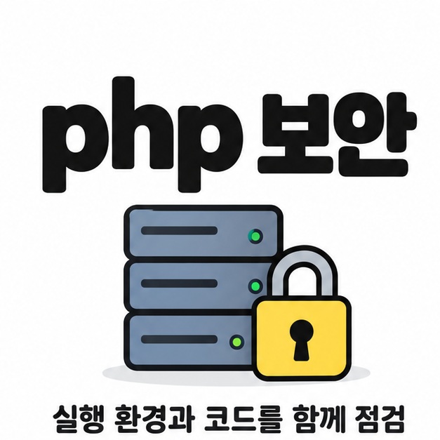 php 보안 제목 아래 서버와 자물쇠를 배치하고 실행 환경과 코드를 함께 점검하도록 안내한 그림
