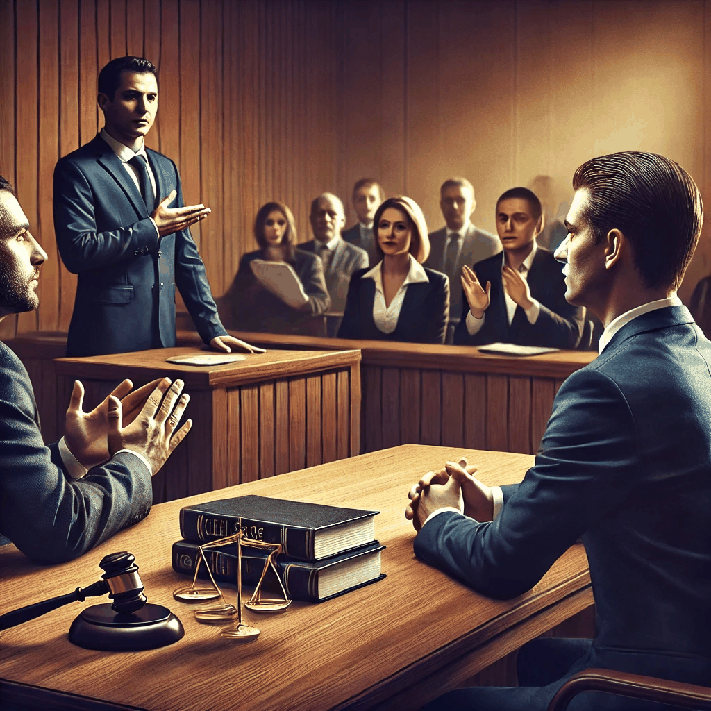 법정에서 변호사들이 선의와 악의를 다투며 논쟁하고, 판사가 신중히 듣는 긴장감 있는 장면