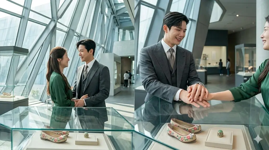 2026년 현대의 국립중앙박물관에서 환생한 두 주인공이 전시된 꽃신과 옥반지 앞에서 운명적으로 다시 마주치는 감동적인 결말 장면