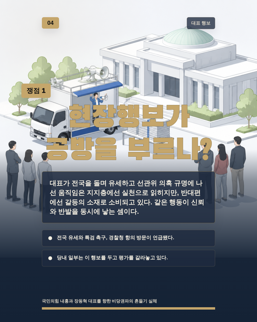 현장행보가 공방을 부르나?