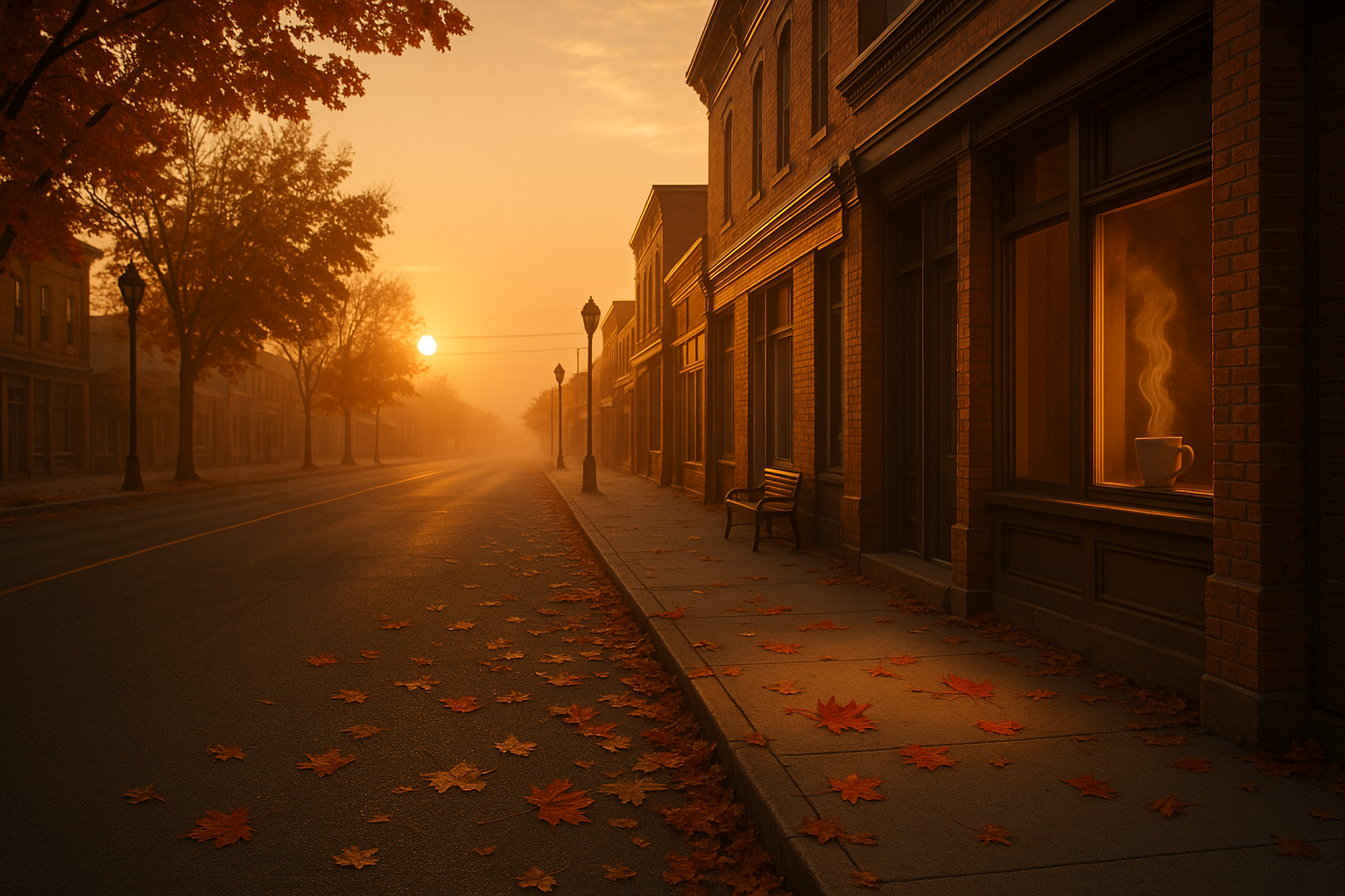 단풍잎이 바닥에 떨어져 있는 커피향이 나는 한적한 거리