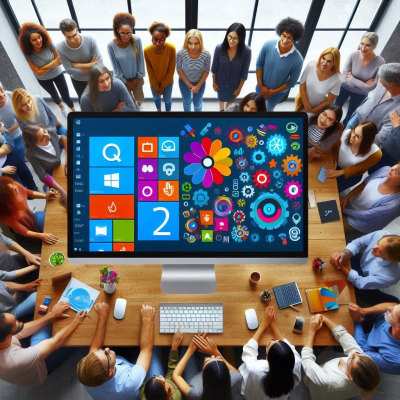 대형 화면에 윈도우의 다양한 아이콘과 인터페이스가 표시된 회의실 모습.