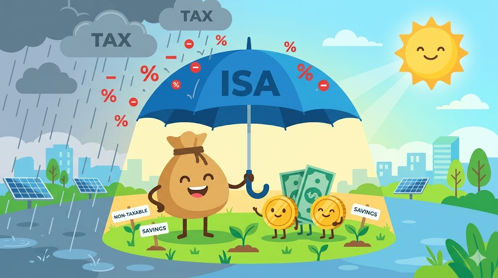 슈퍼 ISA 비과세 혜택을 상징하는 절세 우산과 화폐 캐릭터 일러스트