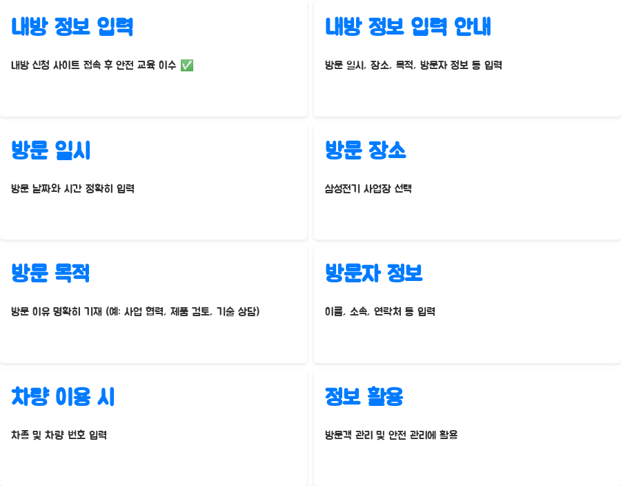 삼성전기 방문 예약, 어렵지 않아요! 내방 신청부터 안전 교육까지 한번에 - 내방 정보 입력하기- 방문 목적과 일정을 정확하게 입력하세요 삼성전기 방문 예약, 어렵지 않아요! 내방 신청부터 안전 교육까지 한번에 - 내방 정보 입력하기- 방문 목적과 일정을 정확하게 입력하세요