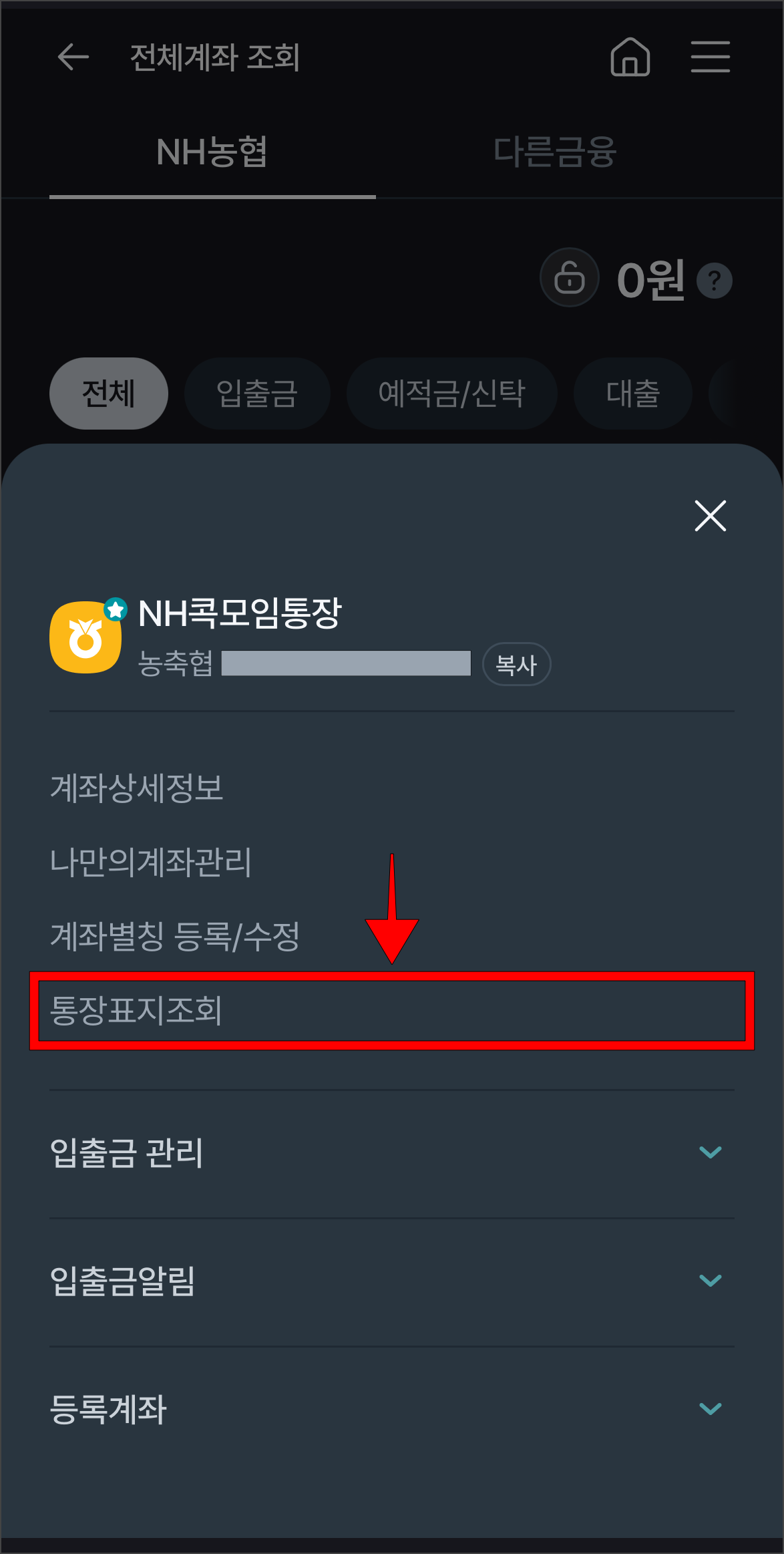 화면에 표시된 계좌 관련 메뉴 중 '통장표지조회'를 선택