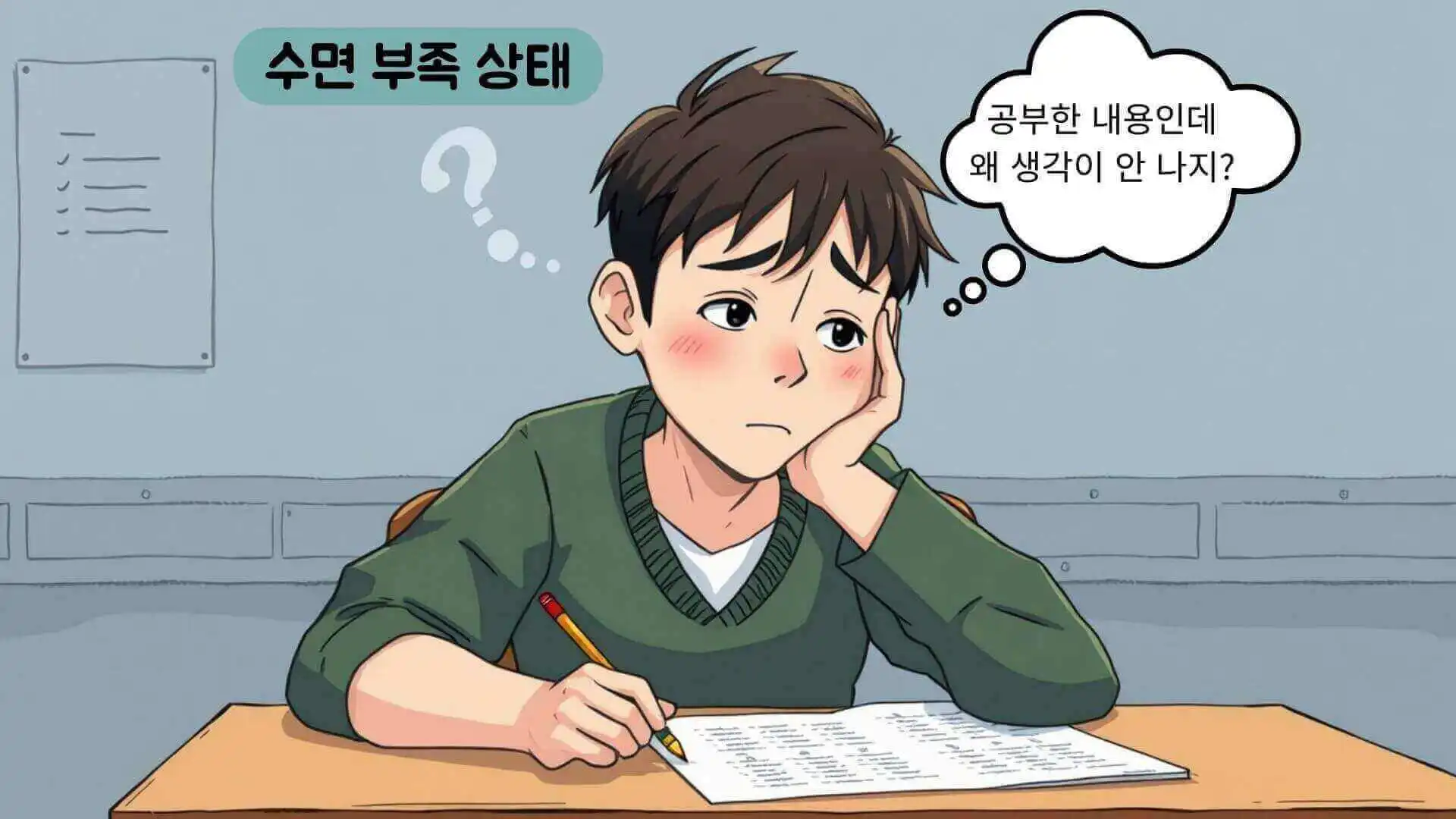 잠을 못 자서 매우 피곤해 보이는 학생이 책상에 앉아 연필을 쥔 채 혼란스러운 표정을 짓고 있음. 공부한 내용이 생각이 나지 않는 상태.