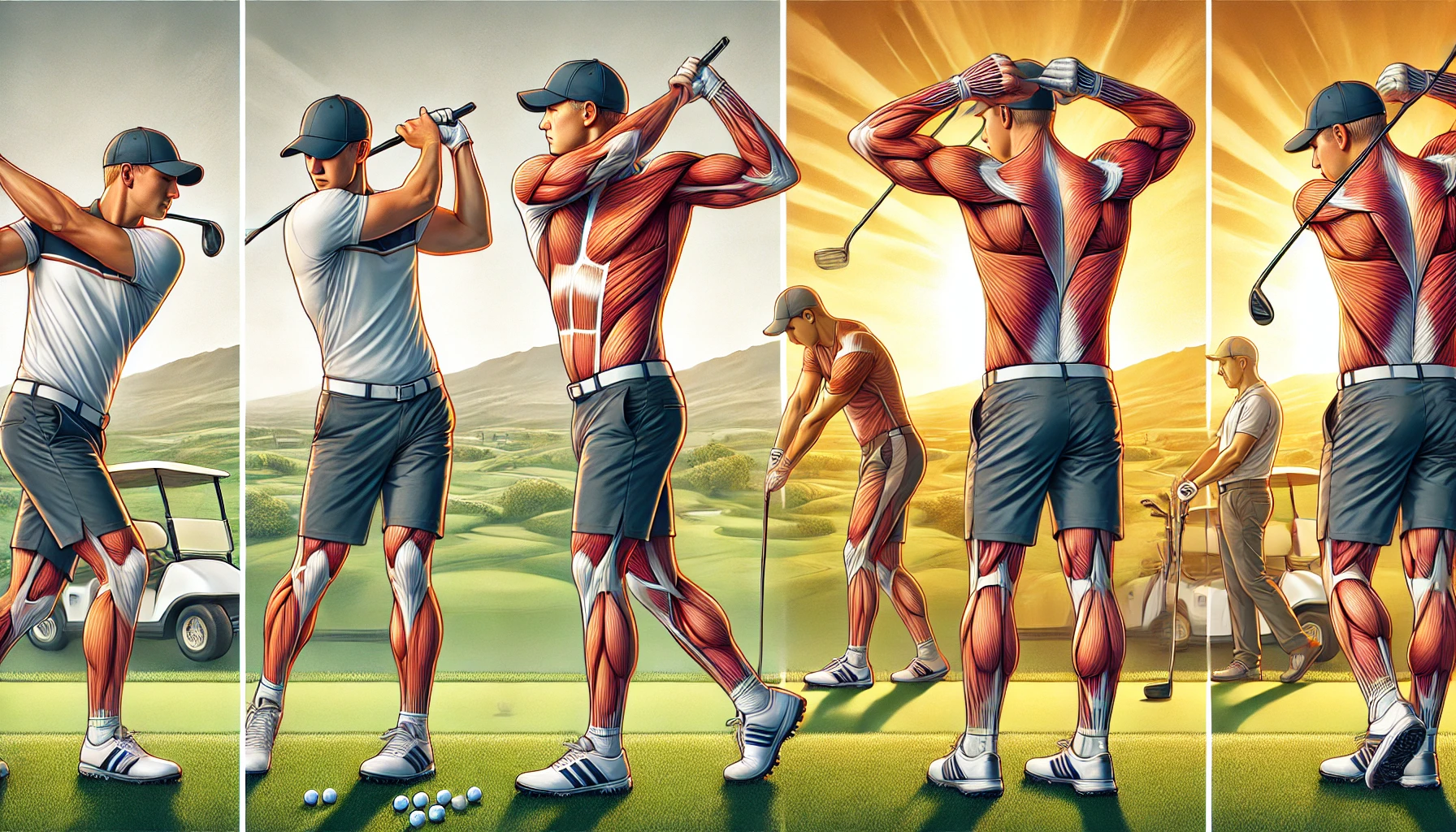 골프를 시작하기 전과 마친 후 어깨 스트레칭을 하는 골퍼의 일러스트. 왼쪽에서는 어깨 회전 운동을, 오른쪽에서는 저항 밴드를 활용한 스트레칭을 수행. 골프장과 노을 배경이 따뜻한 분위기를 연출.