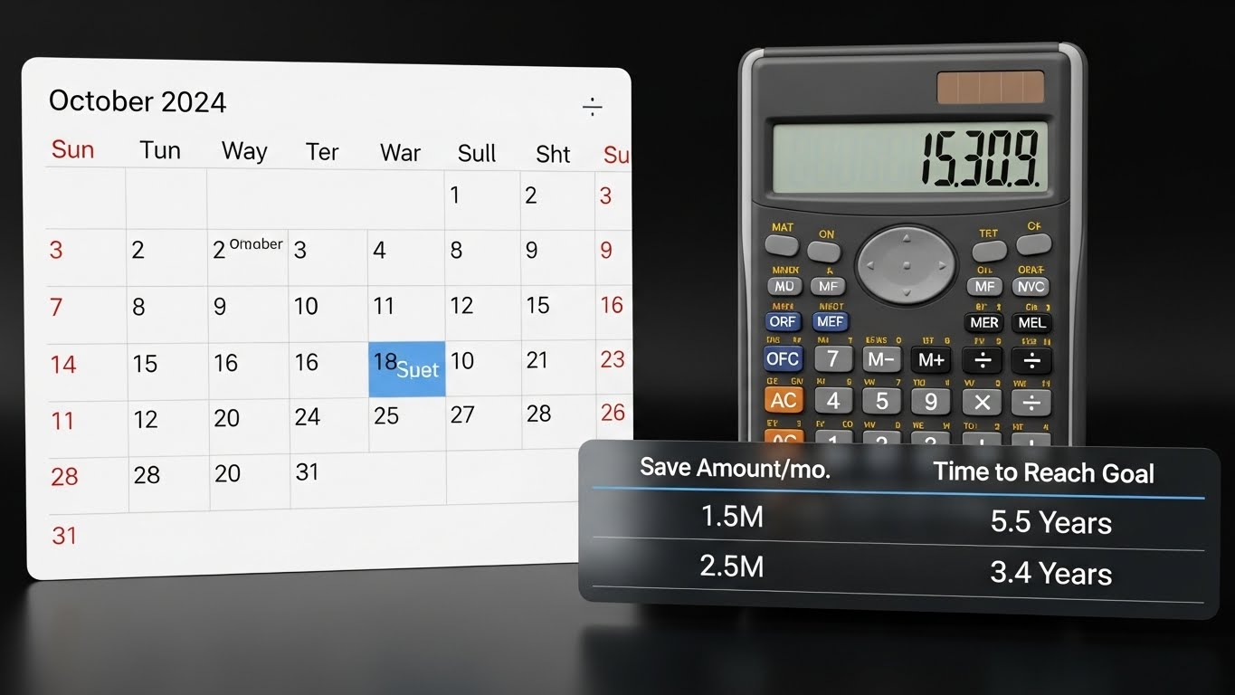 A calendar and calculator layout showing a table 'Save 1.5Mmo = 5.5 Years', 'Save 2.5Mmo = 3.4 Years'.