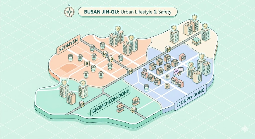 부산진구 지도 인포그래픽, 서면 전포동 범천동 주요 위치와 안전 주거 지역 표시