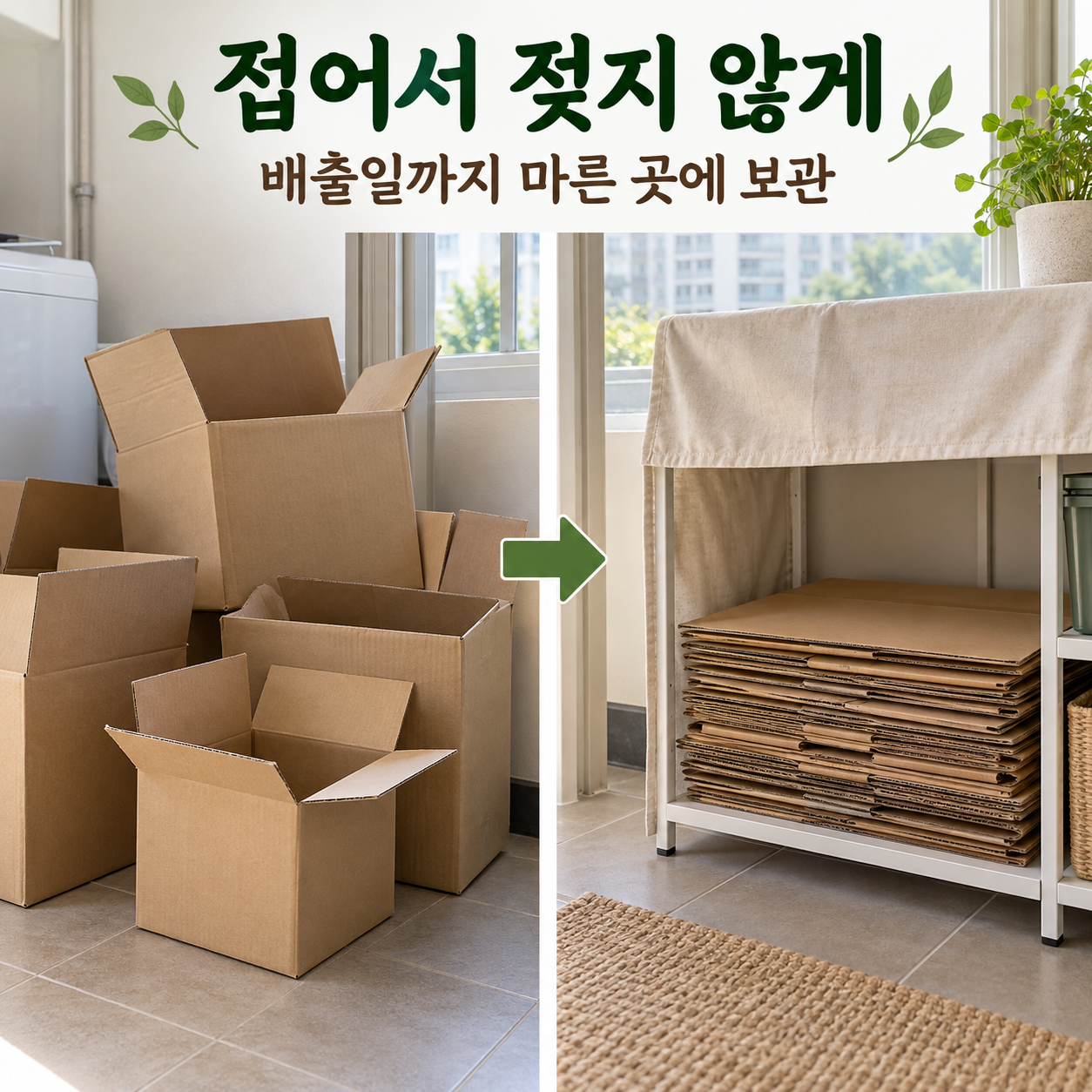 부피가 큰 빈 상자들과 납작하게 접어 마른 선반에 쌓은 골판지를 비교한 AI 생성 예시