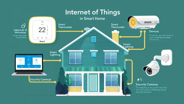 스마트 홈 사물 인터넷(IoT) 구성도: 스마트 온도 조절기, 스마트 조명, 보안 카메라 등이 연결된 주택 이미지, 미래 주거 기술 콘셉트.