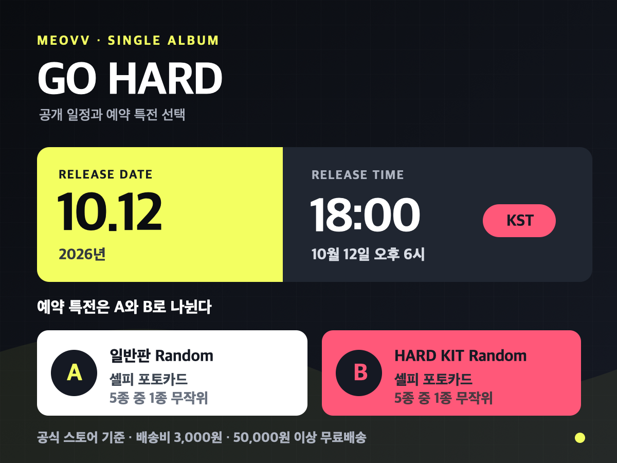 미야오 GO HARD 2026년 10월 12일 오후 6시 공개 일정과 일반판 A&middot;HARD KIT B 예약 특전 비교