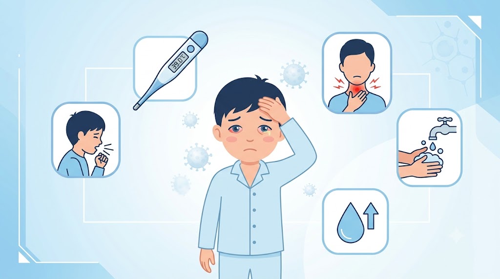 어린이 아데노바이러스 감염 증상인 고열과 결막염, 예방을 위한 손 씻기와 탈수 방지 수칙을 담은 의료 인포그래픽 일러스트