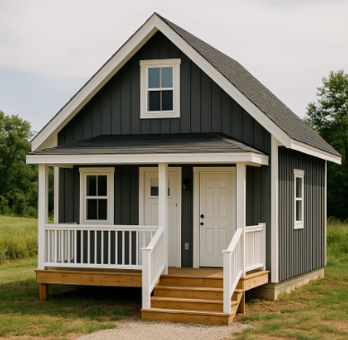 잔디밭 위에 지어진 현대적인 단층 미니 하우스, 어두운 회색 외벽과 흰색 포치 기둥이 조화를 이루며 주변에는 평화로운 시골 풍경이 펼쳐진 장면