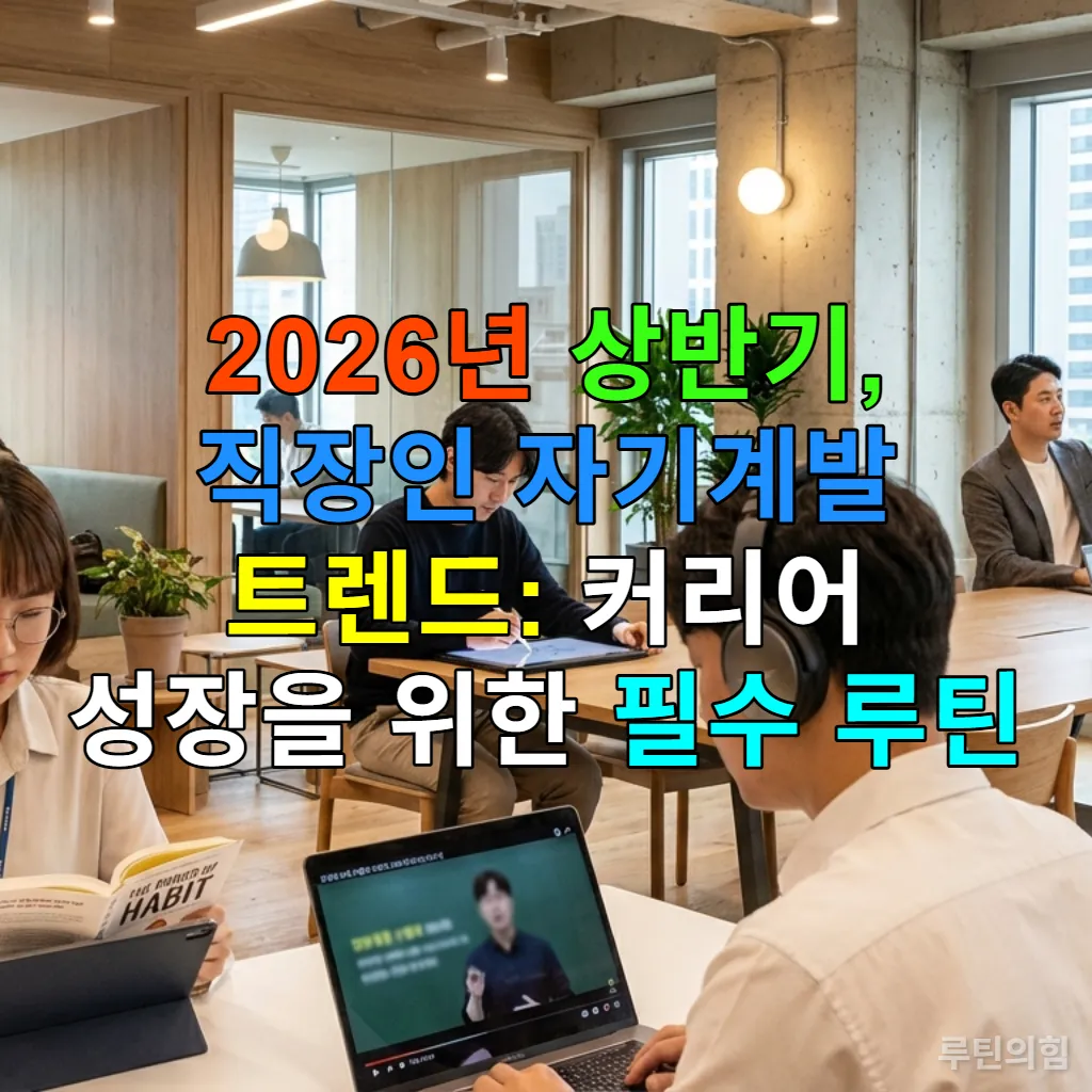 2026년 상반기, 한국 직장인들이 코워킹 스페이스에서 AI 학습, 독서, 온라인 강의, 아이디어 스케치 등 다양한 자기계발 활동을 하는 모습