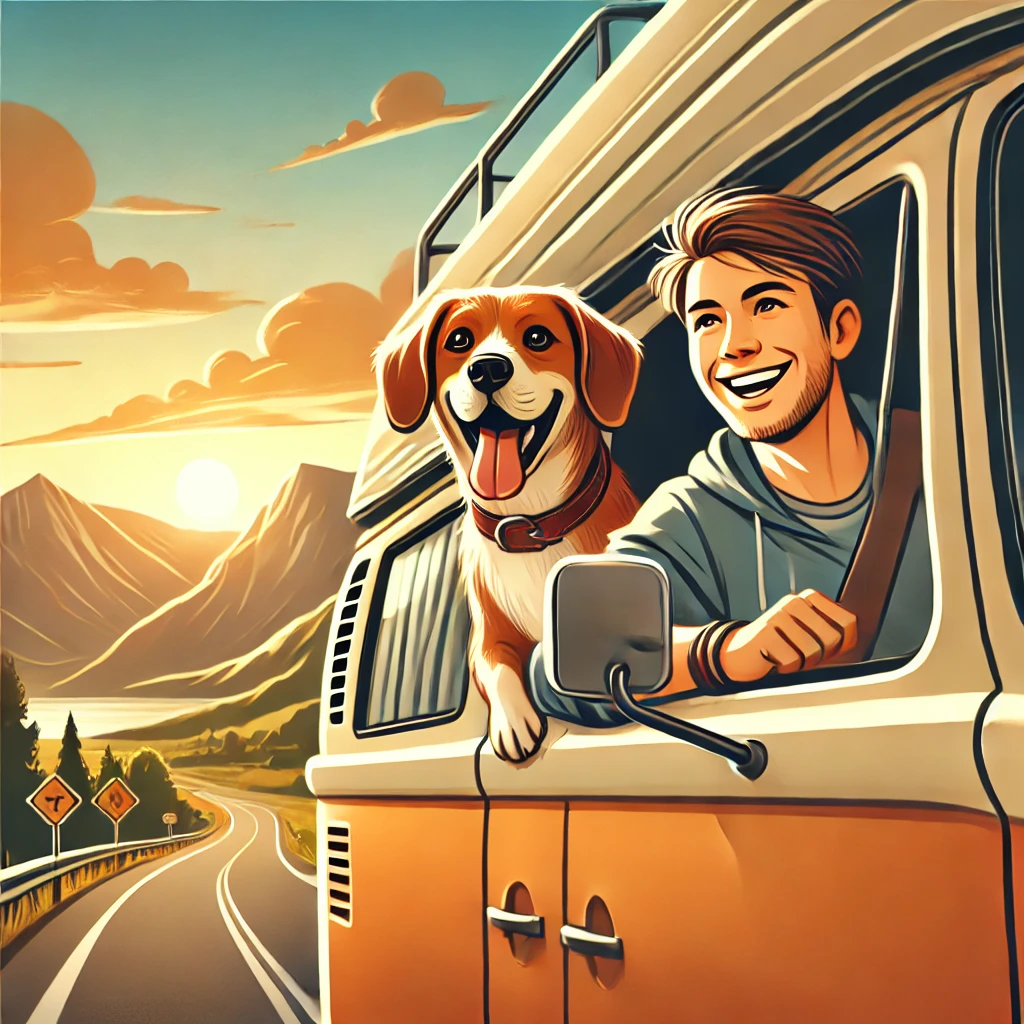 창밖을 함께 내다 보고 있는 반려견과 보호자