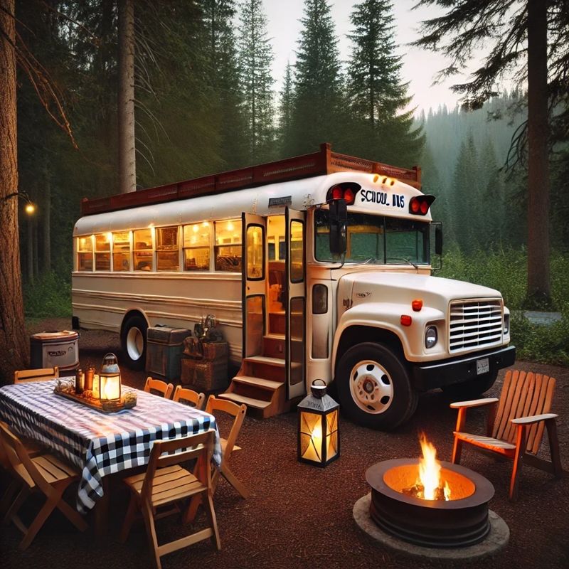 A peaceful forest campsite with a warm and inviting atmosphere, 스쿨버스 캠핑장