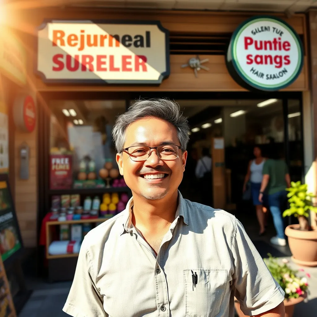 밝고 친절한 미소를 가진 소상공인(예: 작은 동네 슈퍼마켓, 미용실 주인)이 자신의 가게 앞에서 손님들을 맞이하는 모습입니다. 상생페이백으로 인해 활기를 되찾는 가게 분위기를 표현합니다.