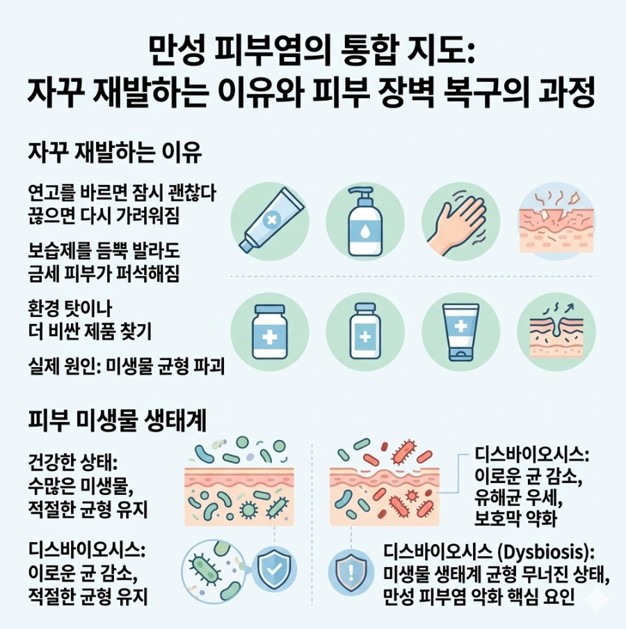 만성 피부염 재발 원인과 피부 미생물 균형 붕괴(디스바이오시스) 설명 인포그래픽