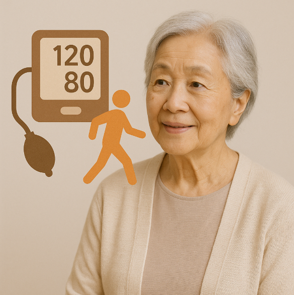 혈압계(120/80 표시)와 운동하는 사람(걷기) 아이콘이 심플하게 표현