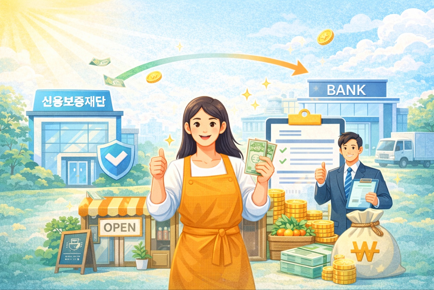 여성 자영업자를 위한 사업자 햇살론 이미지로, 저소득·저신용 여성사업자가 신용보증재단 보증을 통해 정책자금대출을 지원받는 모습을 표현한 일러스트