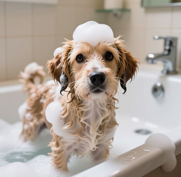 욕조 안에서 온몸이 젖고 거품이 묻은 상태의 강아지 모습