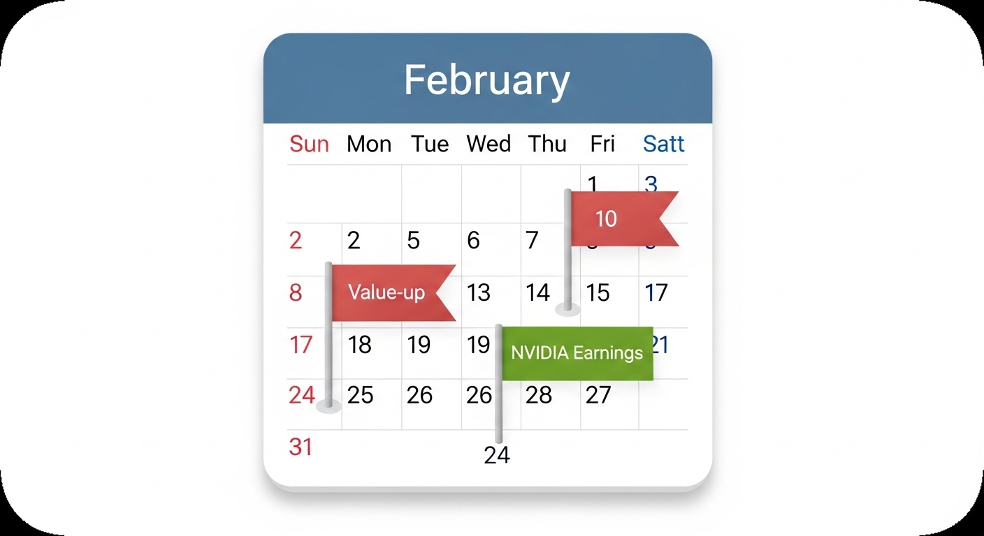 Simple and intuitive icon image of a February calendar with 'Value-up' and 'NVIDIA Earnings' flags planted on it.