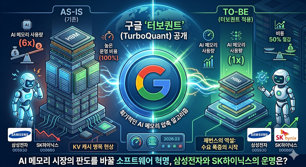 구글 터보퀀트 공개, 삼성전자,SK하이닉스 영향, AI 메모리 6배 압축의 역설
