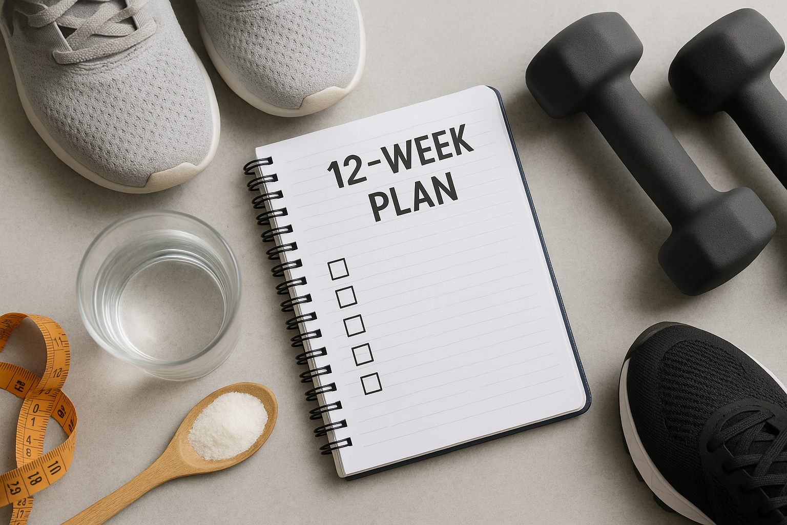 운동화·아령·물컵·이노시톨 가루 스푼과 12주 계획 노트가 놓인 플랫레이