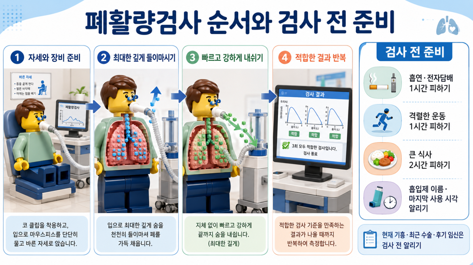 폐활량검사 진행 순서와 검사 전 준비사항을 단계별로 정리한 의료 인포그래픽