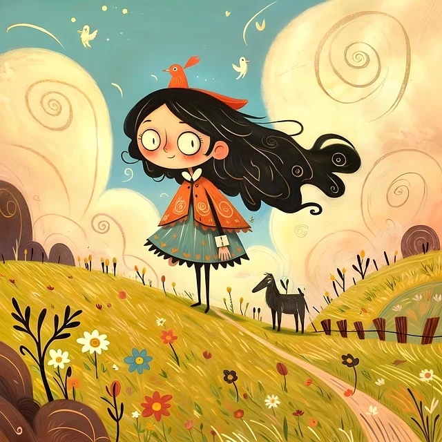 언덕 긴머리 여자와 염소