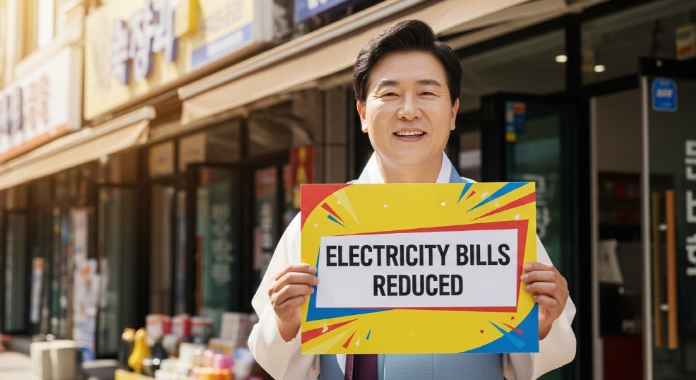 &amp;quot;전기요금 줄었어요&amp;quot; 표지판을 보여주는 상인