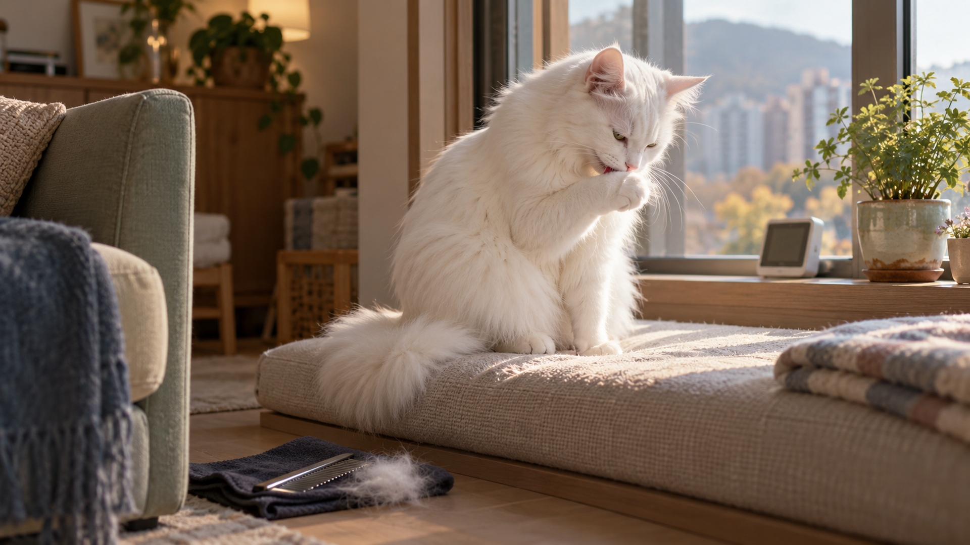 빗질을 마친 뒤 창가에서 털을 고르는 고양이