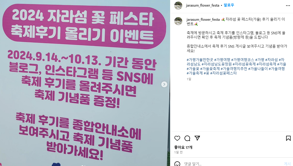 2024 가평 자라섬 꽃 페스타: 북한강 가을 꽃축제, 프로그램, 주차팁