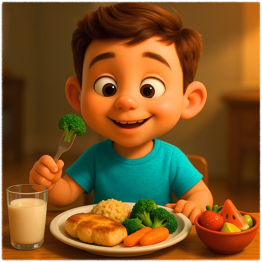 균형 잡힌 식사를 하고 있는 어린이의 모습 이미지