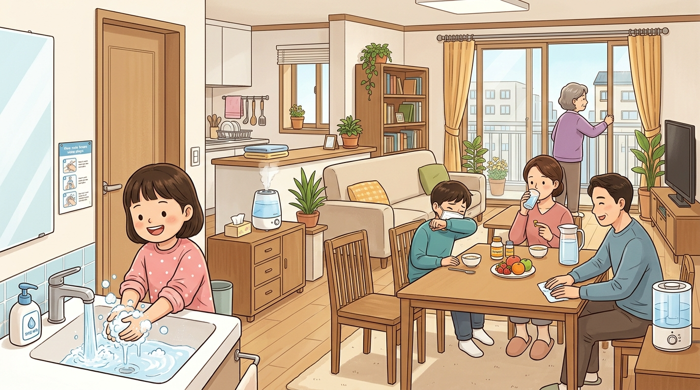 현대적인 한국 아파트에서 감기 전파를 줄이기 위한 생활 습관들을 실천하는 모습