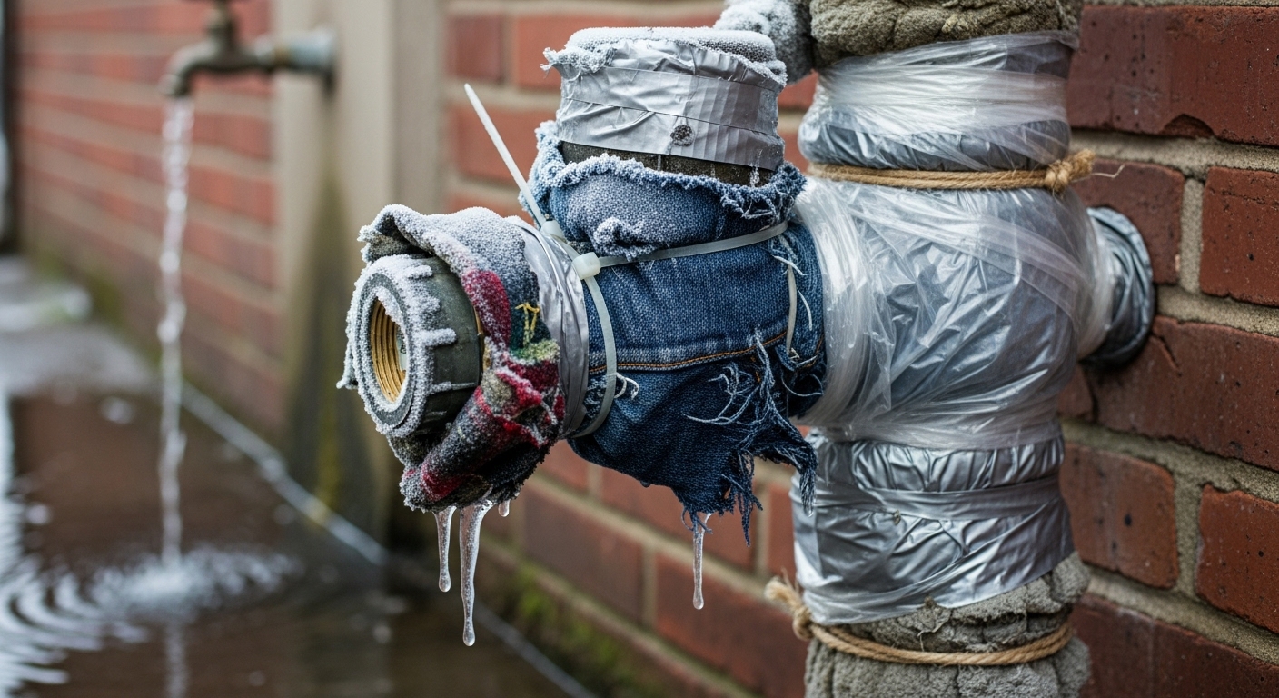 헌 옷과 단열재로 꽁꽁 싸매져 동파를 예방하는 수도관과 수도계량기, 그리고 물이 약하게 떨어지는 수도꼭지.