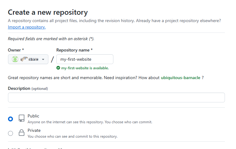 New repository 페이지 화면 일부