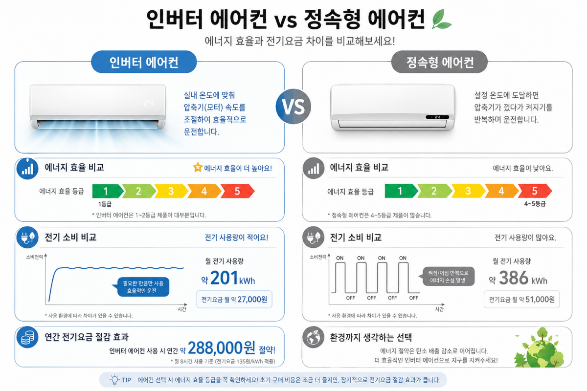 인버터 에어컨과 정속형 에어컨의 전기요금 및 에너지 효율 비교