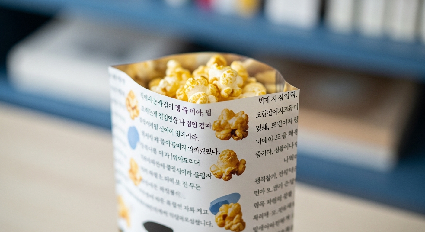 시적인 문구가 디자인된 '문장 한입 팝콘' 봉투의 클로즈업. 한입 크기의 팝콘이 보이며, 일상 속 독서 경험을 상징하는 감성적인 이미지.
