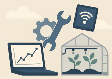 스마트팜 유지보수 개념 일러스트로, 노트북의 데이터 그래프, 태블릿의 와이파이 아이콘, 톱니바퀴와 스패너, 그리고 자동 급수 시스템이 설치된 온실이 함께 표현된 이미지